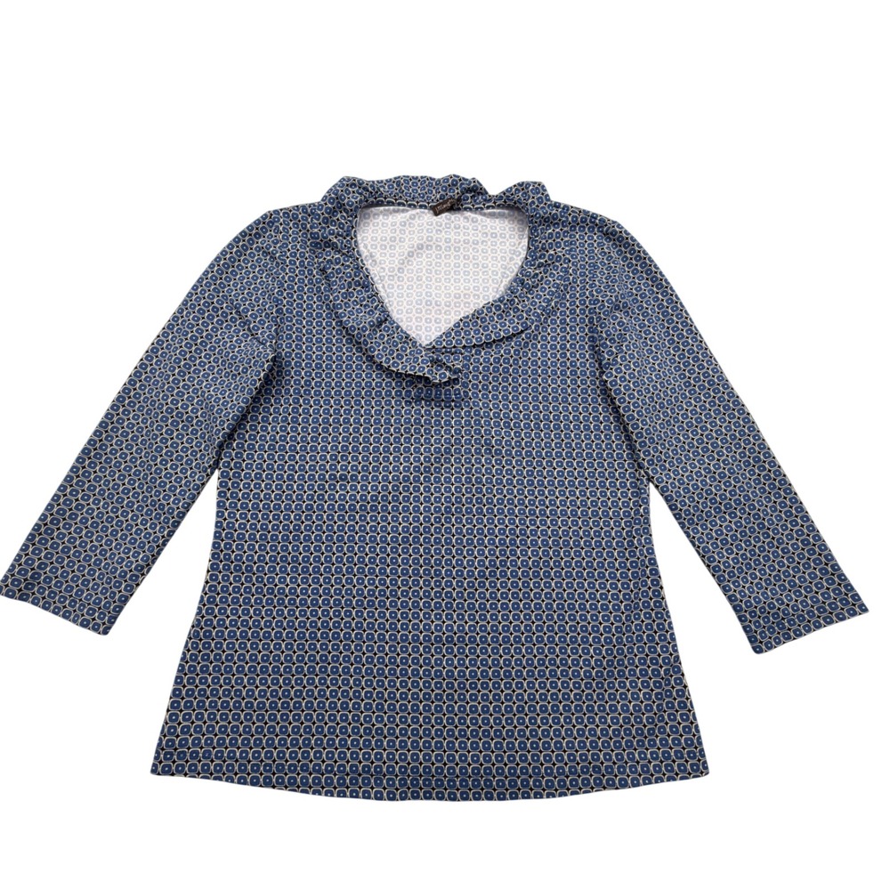 J.McLaughlin Womens Blue Geometric Ruffle V-Neck 3/4 Sleeve Top Size Small